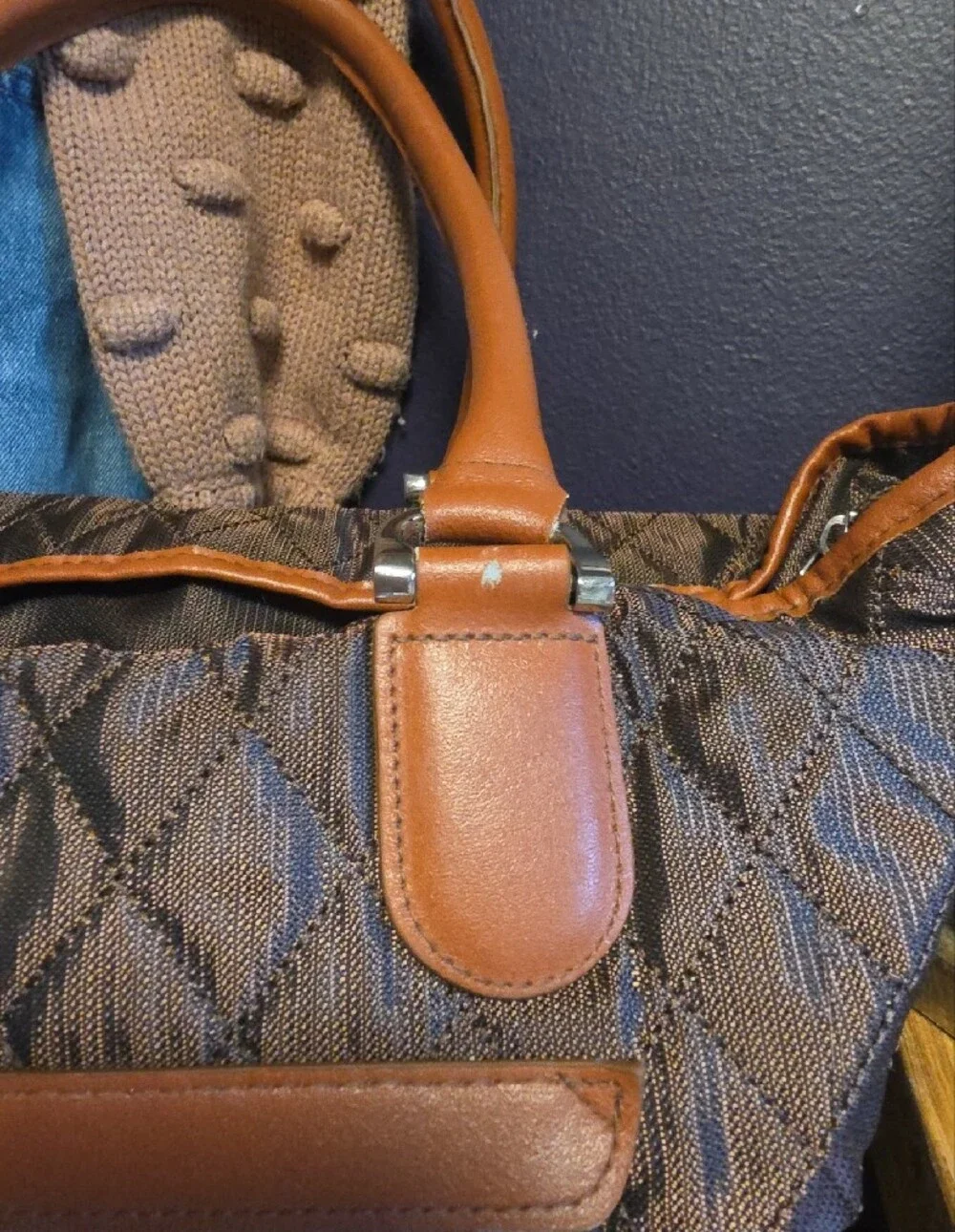 Quilted Shimmery Brown Tote with Tan Trim & Striped Interior